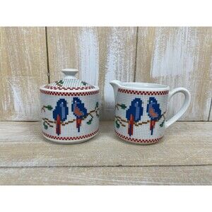 Vintage 1984 Herman Dodge & Sons Blue Birds Cross Stitch Ceramic Creamer & Sugar